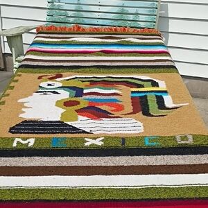 Vintage Mexican Multicolor Striped Blanket with Fringe